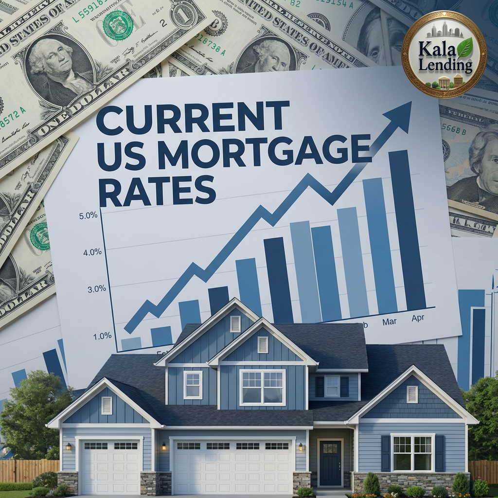 Mortgage rates today March 14 2026 update with Kala Lending LLC logo and real estate homes background.
