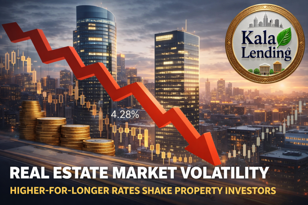 Higher-for-longer real estate market concept showing U.S. skyline, rising Treasury yields, and declining REIT stocks as interest rates pressure property sector