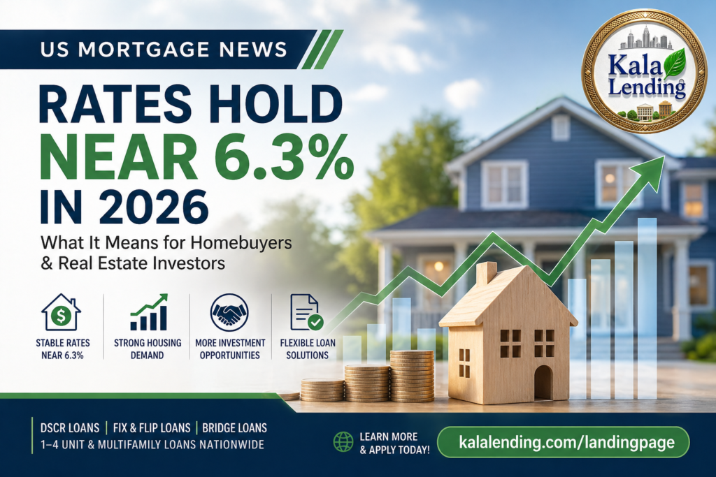 US mortgage news banner showing rates near 6.3% and housing market trends with Kala Lending promotion.