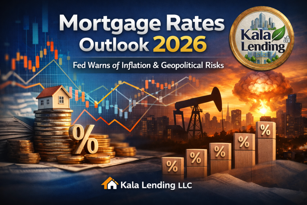 Mortgage Rates Outlook 2026 banner with Kala Lending logo, housing market charts, inflation risk visuals, and real estate financing concept