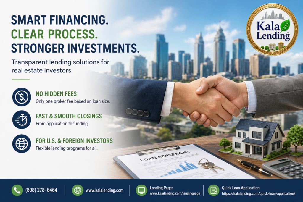 Kala Lending LLC real estate financing ad with transparent lending message, handshake agreement, and city skyline background