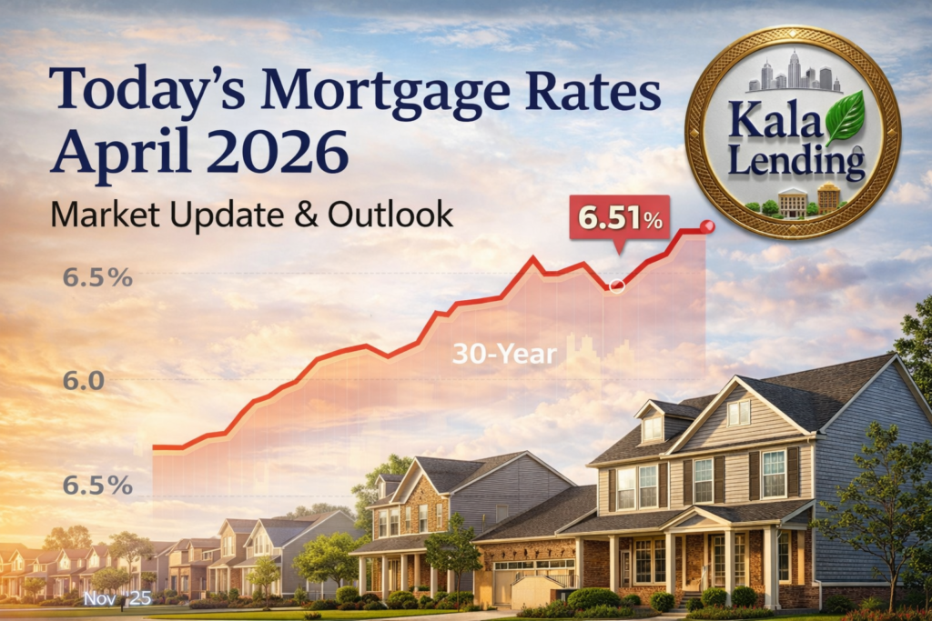 Today’s mortgage rates April 2026 with rising trend chart over US suburban homes and Kala Lending logo