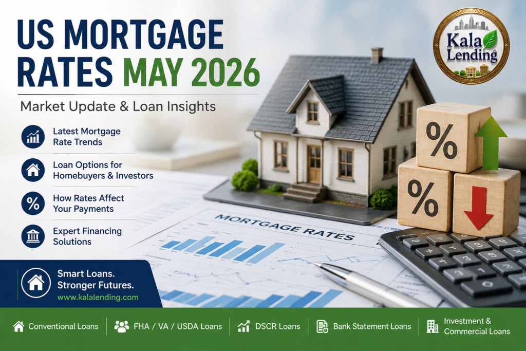 Featured image showing US mortgage rates May 2026 market update with home model, interest rate blocks, and Kala Lending logo