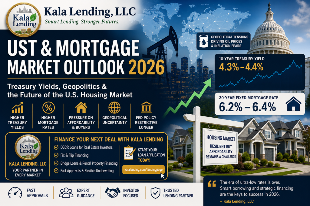 UST mortgage outlook 2026 showing Treasury yield trends, rising mortgage rates, US housing market, and global economic factors