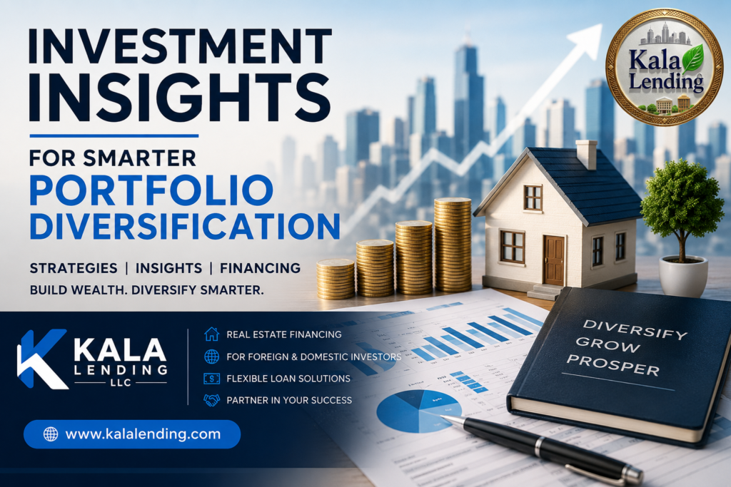 Professional feature image showing investment insights for smarter portfolio diversification with real estate financing elements, growth charts, a model house, and the Kala Lending LLC logo.