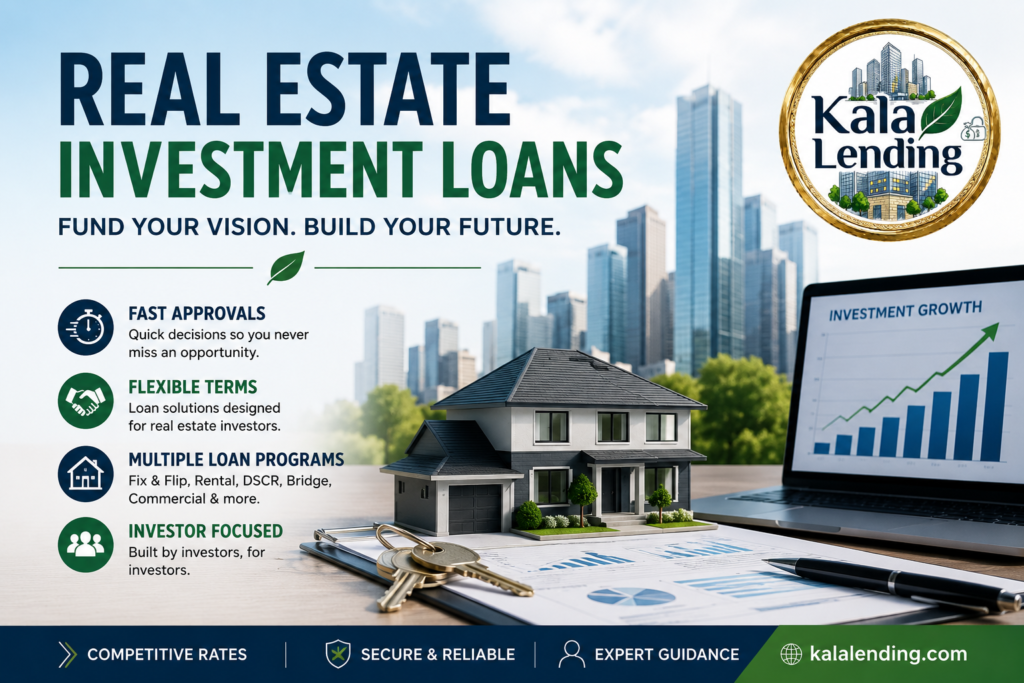Promotional banner for Kala Lending LLC featuring Real Estate Investment Loans, a modern home, city skyline, investment growth chart, and financing benefits including fast approvals and flexible loan terms.