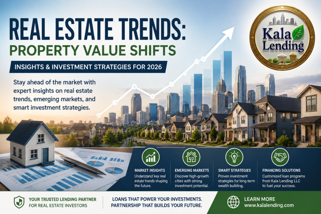 Real estate trends feature image showing rising property values, housing market growth, investment strategies, and Kala Lending LLC branding with logo positioned at the top right corner.