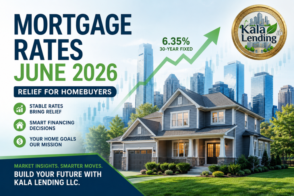 Modern mortgage rates June 2026 infographic featuring a residential home, city skyline, growth chart, and Kala Lending LLC logo highlighting stable rates and homebuyer relief.