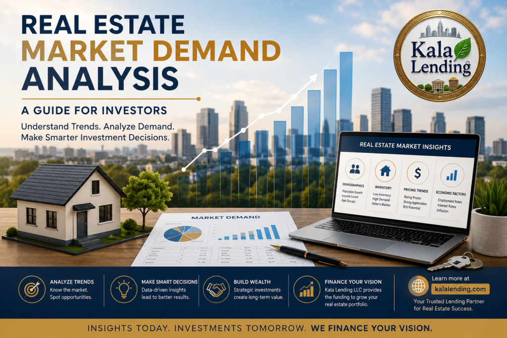 Real estate market demand analysis feature image showing growth charts, a home model, market insights dashboard, and Kala Lending LLC logo representing investment opportunities.