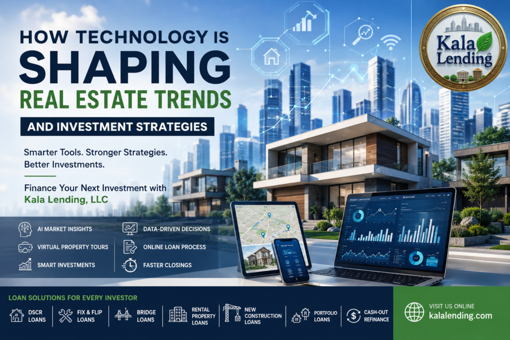 Modern real estate technology feature image showcasing a luxury home, smart digital analytics, AI-powered investment tools, and an urban skyline with the Kala Lending, LLC logo in the top-right corner, promoting innovative real estate financing solutions.