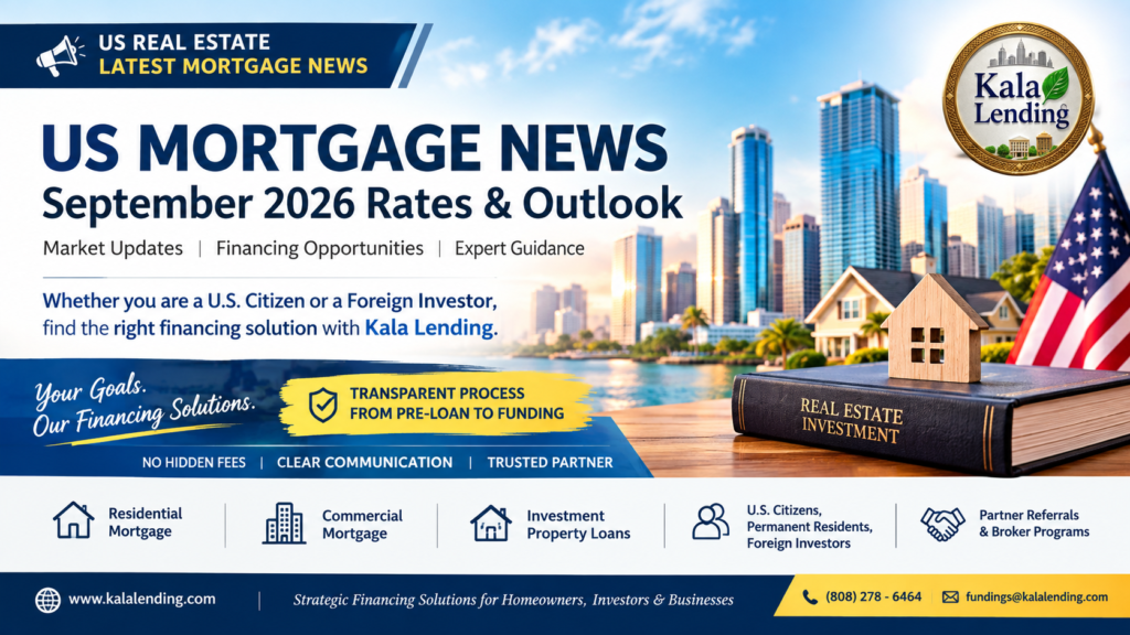 US Mortgage News September 2026 banner featuring Kala Lending and real estate financing solutions for US Citizens and Foreign Investors.