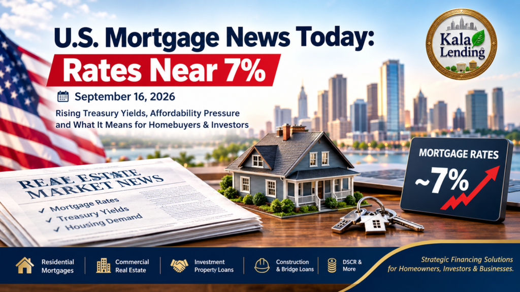 U.S. Mortgage News Today September 16 2026 showing mortgage rates near 7%, rising Treasury yields, and Kala Lending real estate financing solutions
