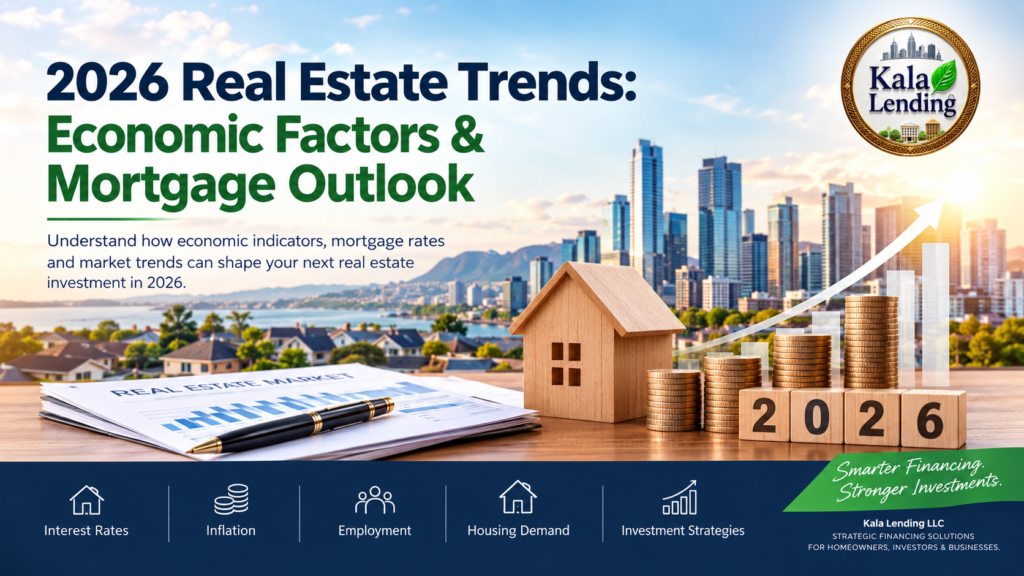 2026 real estate trends and mortgage outlook banner featuring Kala Lending LLC, U.S. city skyline, homes, investment chart, and economic indicators