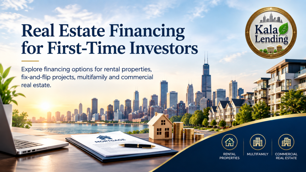 Real estate financing for first-time investors with Kala Lending logo, city skyline, mortgage documents, house model, and property icons.