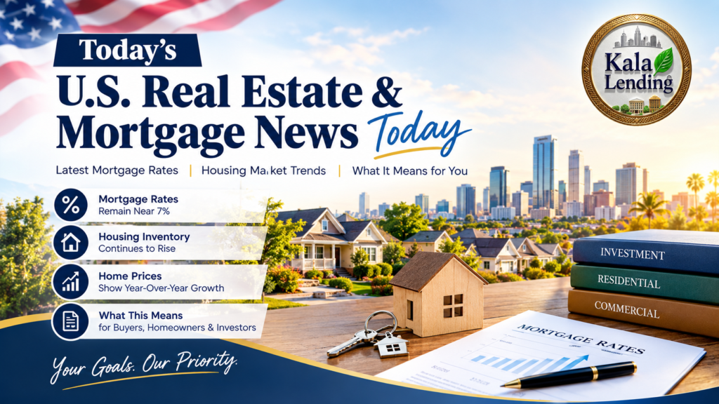 oday’s U.S. real estate and mortgage news banner from Kala Lending, featuring mortgage rates, housing inventory, home prices, and real estate financing.