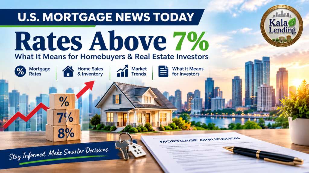 US mortgage news today banner showing mortgage rates above 7%, housing market trends, home sales, and real estate investment information with Kala Lending logo.