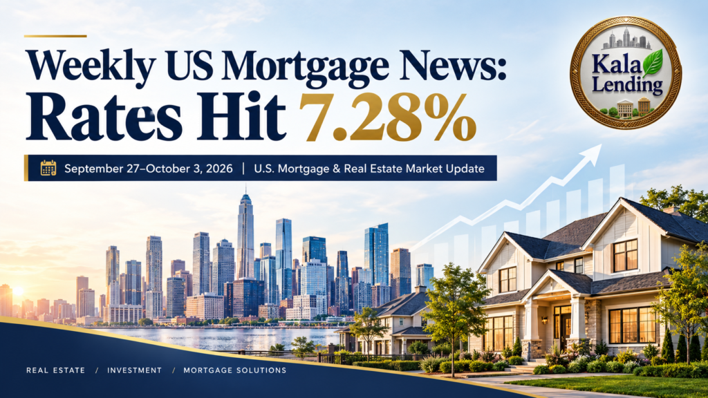 Weekly US mortgage news banner showing mortgage rates reaching 7.28%, with a city skyline, homes, rising market chart, and Kala Lending logo.