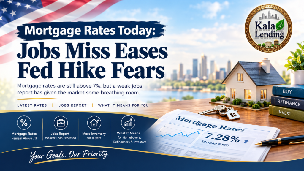 Mortgage rates today banner showing rates above 7%, a weaker jobs report, Federal Reserve concerns, homebuying and refinancing, with the Kala Lending logo at the top right.