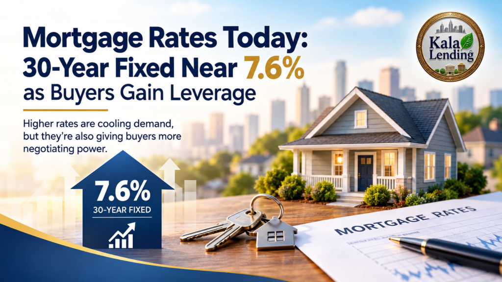 Mortgage rates today banner showing a 30-year fixed mortgage rate near 7.6%, with a home, mortgage documents, keys, and the Kala Lending logo.
