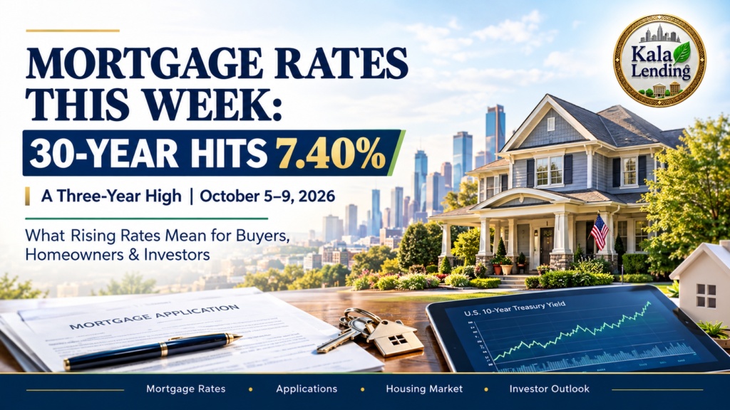 Mortgage rates this week banner highlighting the 30-year fixed mortgage rate reaching 7.40%, a three-year high, with a modern home, U.S. skyline, mortgage application documents, and Kala Lending LLC logo.