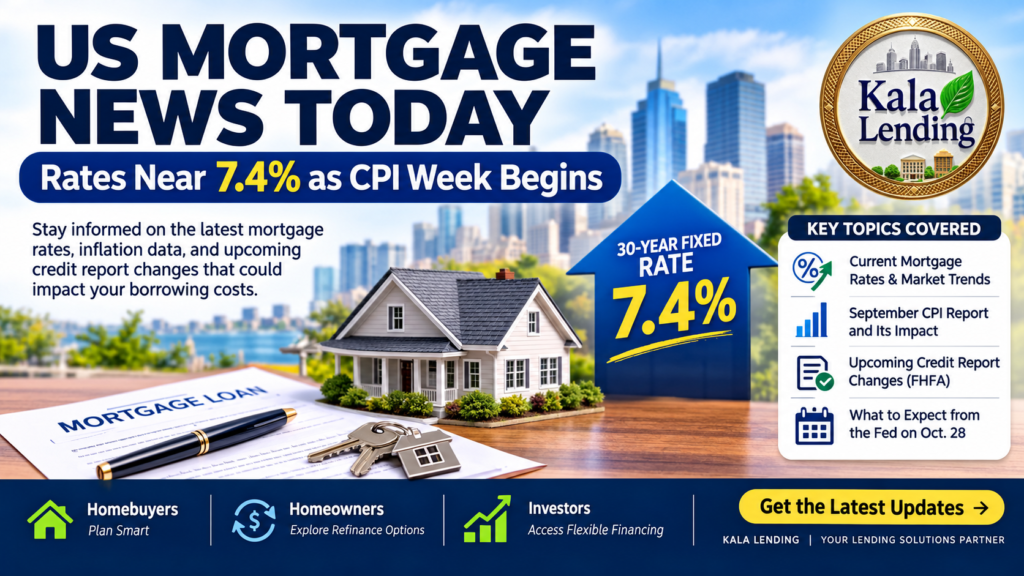US mortgage news today banner featuring mortgage rates near 7.4%, a residential home, financial market graphics, CPI inflation updates, FHFA credit report changes, and Kala Lending logo.