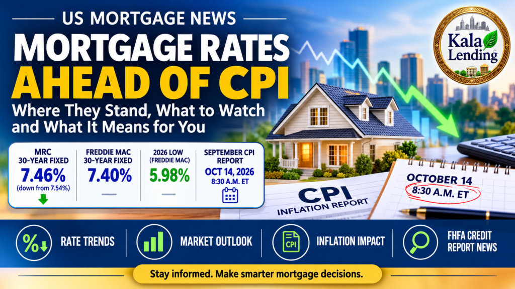 Mortgage rates ahead of CPI report in October 2026, featuring Kala Lending logo, current 30-year mortgage rates, housing market trends, and inflation outlook.