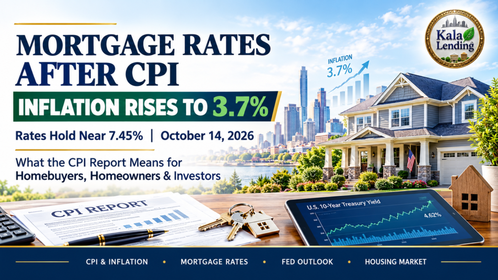 Mortgage rates after CPI banner featuring Kala Lending LLC, highlighting September inflation at 3.7% and mortgage rates near 7.45% on October 14, 2026, with a residential home, city skyline, CPI report, and Treasury yield chart.