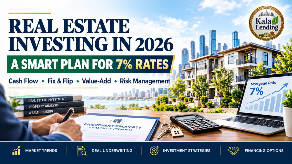 Real estate investing in 2026 banner by Kala Lending LLC, highlighting investment strategies for 7% mortgage rates, including cash flow rentals, fix and flip projects, value-add investing, and risk management.