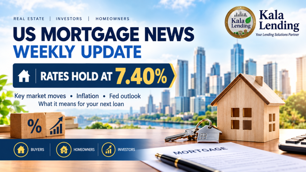 US mortgage news weekly update banner featuring mortgage rates holding at 7.40%, a city skyline, a wooden house, and Kala Lending logo.