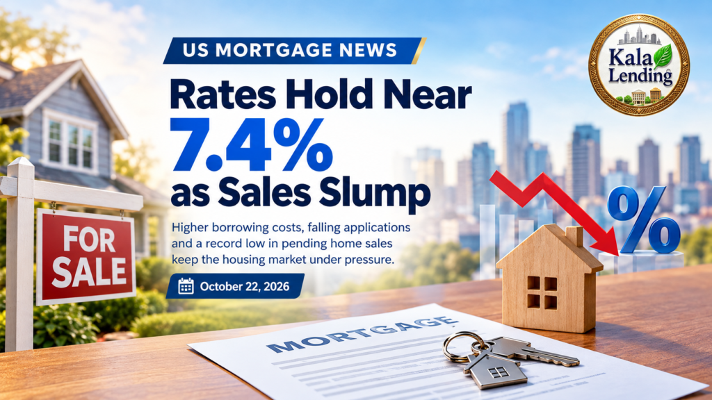 US mortgage news banner showing mortgage rates near 7.4%, declining home sales, a for-sale sign, a falling market arrow, and the Kala Lending logo.