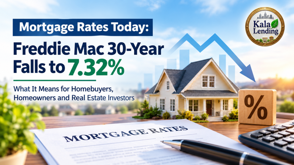 Kala Lending banner featuring the headline Mortgage Rates Today: Freddie Mac 30-Year Falls to 7.32%, with a suburban home, downward rate arrow, and mortgage rate graphics.