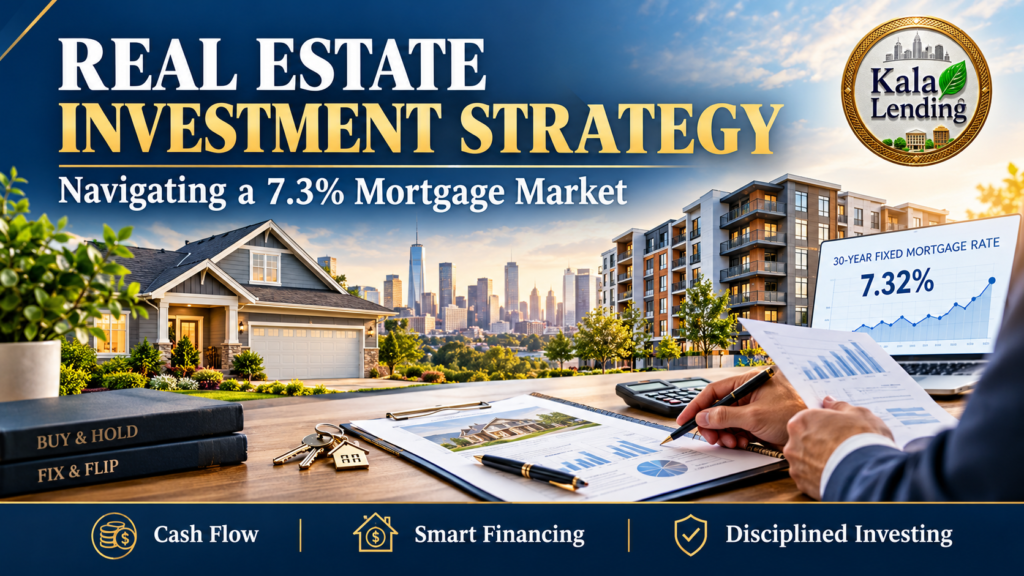 Real estate investment strategy banner by Kala Lending LLC featuring a 7.32% 30-year fixed mortgage rate, residential and multifamily properties, investment analysis documents, and financing strategies for real estate investors.