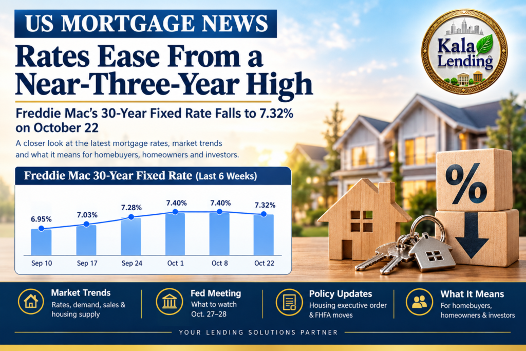 US mortgage news banner showing Freddie Mac’s 30-year fixed mortgage rate declining to 7.32% on October 22, 2026, with a six-week rate chart and Kala Lending logo.